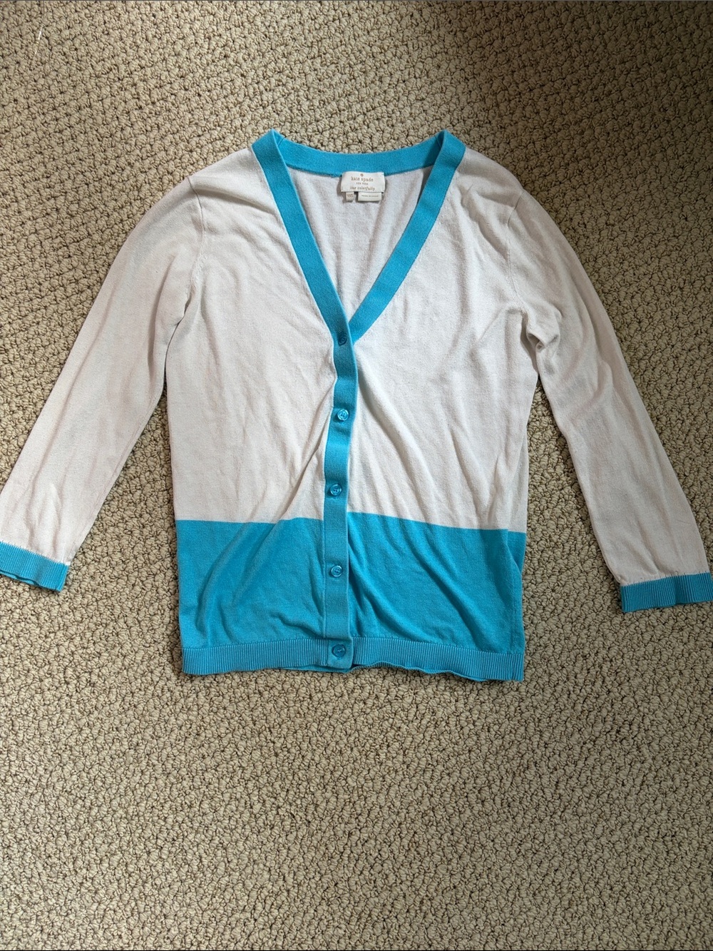Kate Spade White and Turquoise Colorblock V Neck Silk Cardigan Women’s XXS